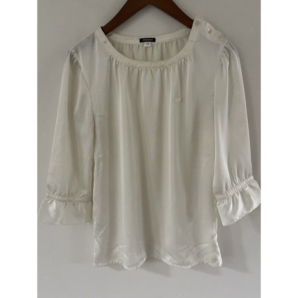 Shisheido Womens Blouse Tunic Top Cream Ruffle 3/4 Sleeve Career Cocktail